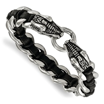 Stainless Steel Antiqued and Polished Dragon Head Black Leather Bracelet