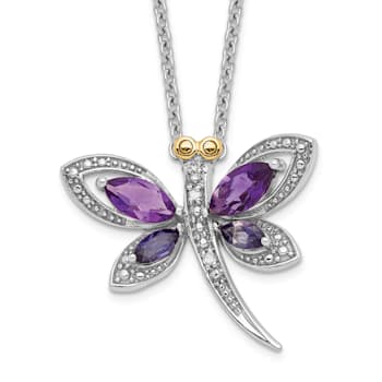 Rhodium Over Sterling Silver Amethyst, Iolite, and Diamond Dragonfly
18" with 2" Extension Necklace