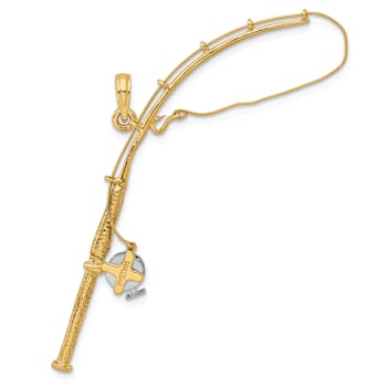 14k Two-tone Gold 3D Moveable Fishing Pole with Reel Charm