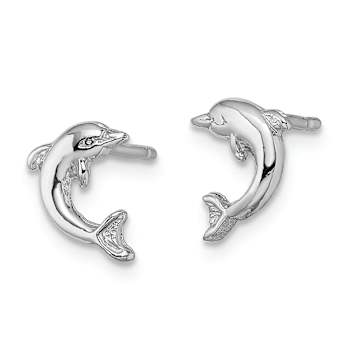 Rhodium Over 14k White Gold Mini Jumping Dolphin Stud Earrings