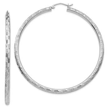 Rhodium Over 14k White Gold 2 3/8" Diamond-Cut Hoop Earrings