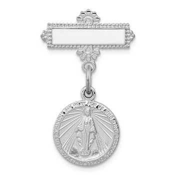 Rhodium Over Sterling Silver Miraculous Medal Dangle Pin Brooch
