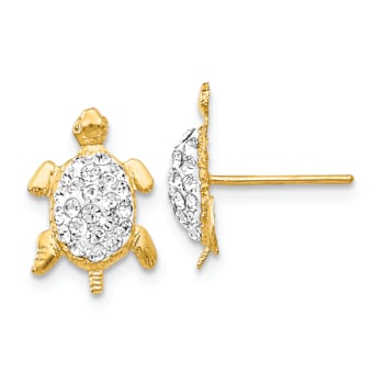 14k Yellow Gold Textured Crystal White Turtle Stud Earrings