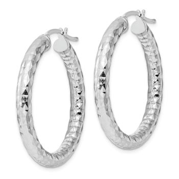 Rhodium Over Sterling Silver 4.00mm Diamond-cut Hoop Earrings
