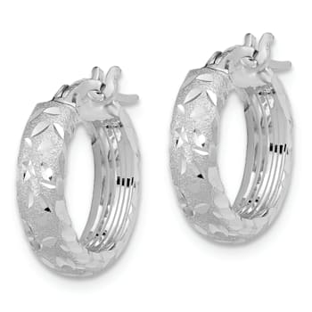 Rhodium Over 14k White Gold Satin and Diamond-Cut 11/16" Hoop Earrings