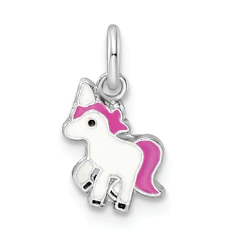 Rhodium Over Sterling Silver Pink/White/Black Enamel Unicorn Children's Pendant