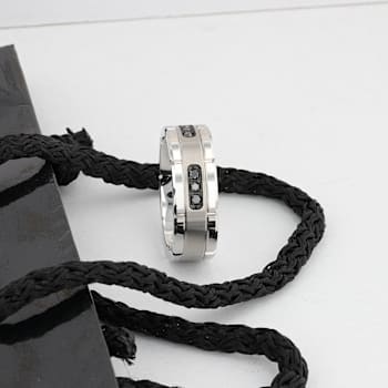 VALOR Grooved Tungsten Ring with Silver Inlay & Black Diamonds - 8mm