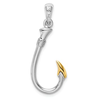 Rhodium Over Sterling Silver 3D Fish Hook with 14k Yellow Gold Accent Pendant
