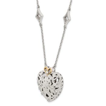 Rhodium Over Sterling Silver with 14K Accent Diamond Vintage Heart Necklace