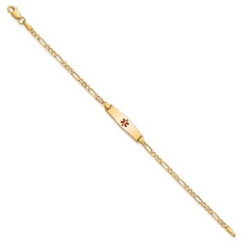 14k Yellow Gold Medical Soft Diamond Shape Red Enamel Figaro Link ID Bracelet