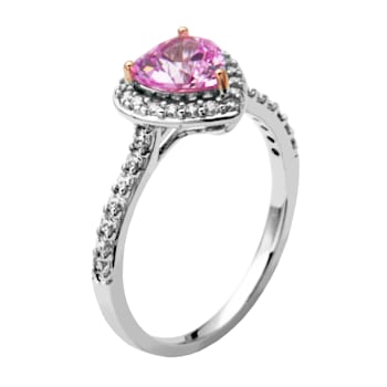 Lab Created Pink Sapphire And White Cubic Zirconia Rhodium Over Sterling
Silver Heart Ring 1.50ctw