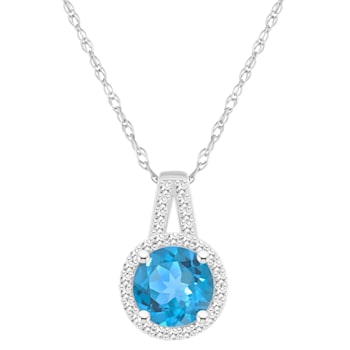7mm Round Blue Topaz 1/7 ctw Diamond Rhodium Over Sterling Silver Halo
Pendant with Chain