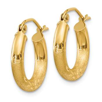 14k Yellow Gold Satin and Diamond-cut 5/8" Round Hoop Earrings