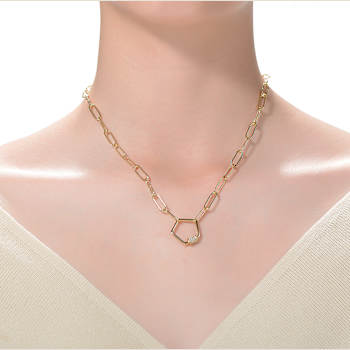 Pave CZ Pentagon Charm Station Necklace In 14K Gold Over Brass