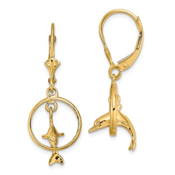 14k Yellow Gold 3D Dolphin Jumping Through Hoop Dangle Earrings