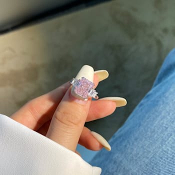 Radiant Cut Pink CZ and Baguette White Cubic Zirconia Sterling Silver Ring