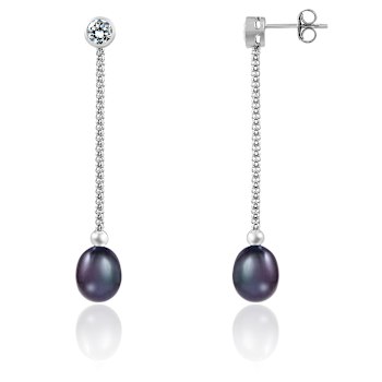 7.5-8mm Black Cultured Freshwater Pearl Rhodium Over Sterling Silver Earrings