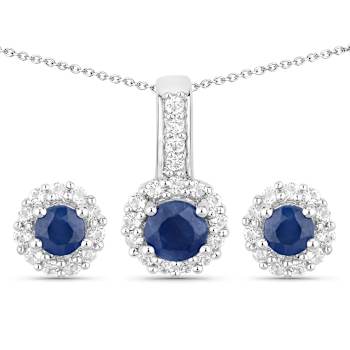 Blue Sapphire And White Topaz Pendant And Earring Set In Sterling Silver