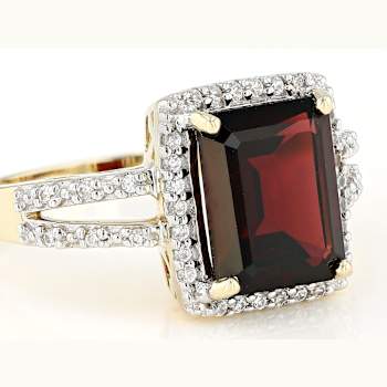 Garnet Emerald Cut And White Zircon Ring In Solid 14K Yellow Gold 3.67ctw