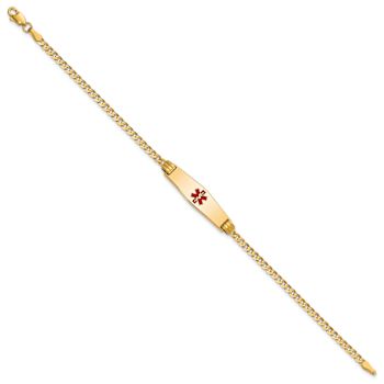 14k Yellow Gold Medical Soft Diamond Shape Red Enamel Curb Link ID Bracelet