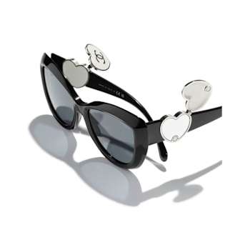 Chanel Black Cat Eye with Silver Tone Heart Detail Frame / Gray Lenses Sunglasses