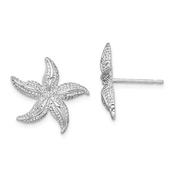 Rhodium Over Sterling Silver Polished Small Starfish Post Earrings
