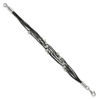 Black Leather and Stainless Steel Polished Beaded Multi-Strand 8-inch Bracelet