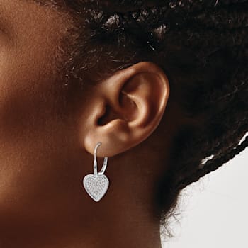 Rhodium Over 14k White Gold Diamond Fancy Heart Dangle Earrings