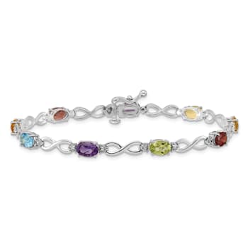 Rhodium Over 14k White Gold Rainbow Gemstone and Diamond Infinity Bracelet