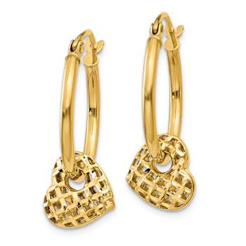 14k Yellow Gold 7/8" Moveable Heart Dangle Hoop Earrings
