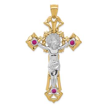 14k Yellow Gold and 14k White Gold Polished and Textured with Red Cubic
Zirconia Crucifix Pendant