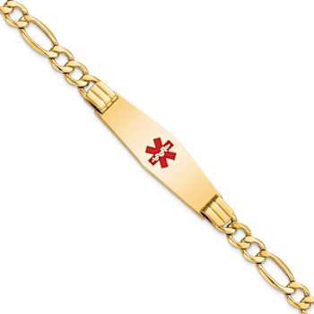 14k Yellow Gold Medical Soft Diamond Shape Red Enamel Figaro Link ID Bracelet