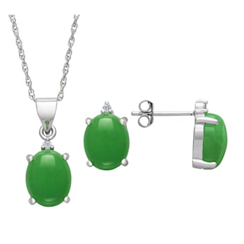 Sterling Silver Jadeite and Cubic Zirconia Pendant and Earring Set