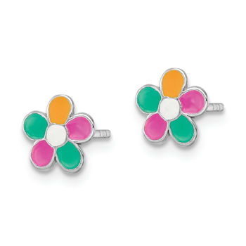 Rhodium Over Sterling Silver Enamel Flower Children's Post Earrings
