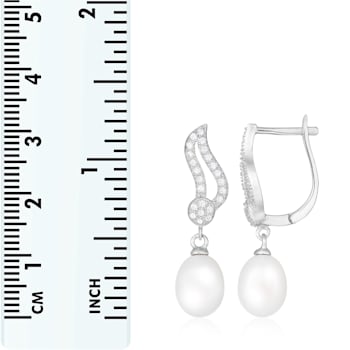 7-8mm White Cultured Freshwater Pearl and Cubic Zirconia Rhodium Over
Sterling Silver Earrings