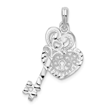 Rhodium Over Sterling Silver Polished Moveable Key with Heart Lock Pendant