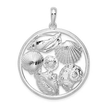 Rhodium Over Sterling Silver Polished Shells Large Round Pendant