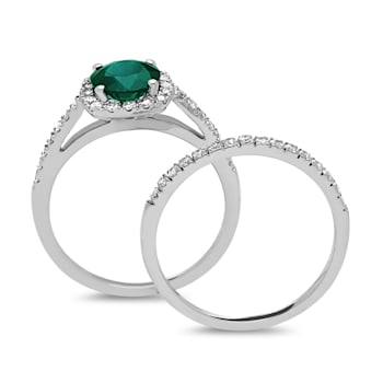 1.35ctw Emerald and Diamond Engagement Ring with Band Ring in 14k White Gold