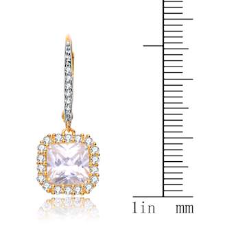 Square CZ Halo Drop Earrings In 14K Gold Over Sterling Silver