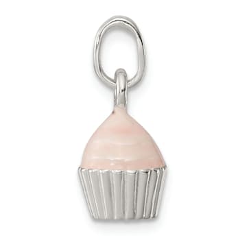 Sterling Silver Polished and Pink Enameled Cupcake Children's Pendant