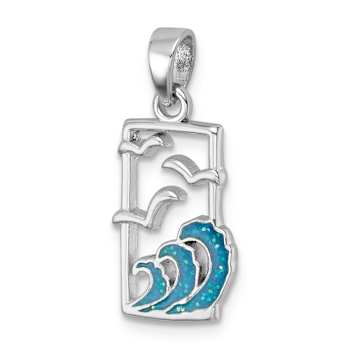 Rhodium Over Sterling Silver Polished Sea Gull and Enameled Wave Pendant