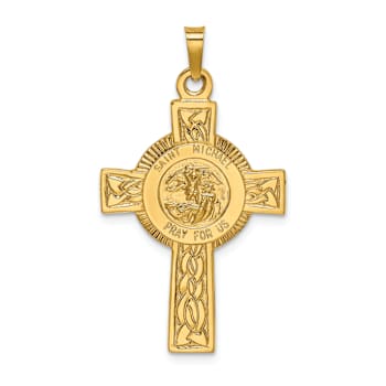14k Yellow Gold Cross with Saint Michael Medal Pendant