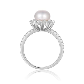 Freshwater Pearl and Moissanite Rhodium Over Sterling Silver Halo Flower
Design Ring