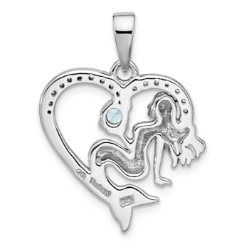 Rhodium Over Sterling Silver Antiqued Cubic Zirconia Mermaid Heart Pendant