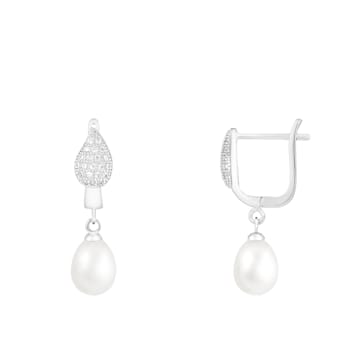 8-8.5mm White Cultured Freshwater Pearl Rhodium Over Sterling Silver Earrings