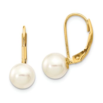 14K Yellow Gold 7-8mm White Round Saltwater Akoya Cultured Pearl
Leverback Earrings