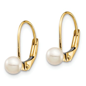 14K Yellow Gold 4-5mm White Round Freshwater Cultured Pearl Leverback Earrings