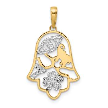14K Two-tone Gold Diamond-Cut Good Luck Symbols on Hamsa Pendant