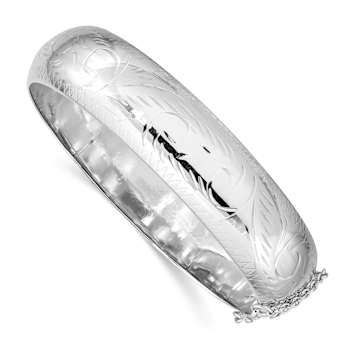 Rhodium Over Sterling Silver Diamond-cut 15mm Fancy Hinged Bangle Bracelet