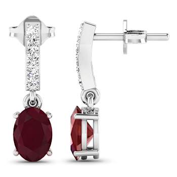 1.70ctw 14K White Gold Red Ruby and White Diamond Halo Earrings